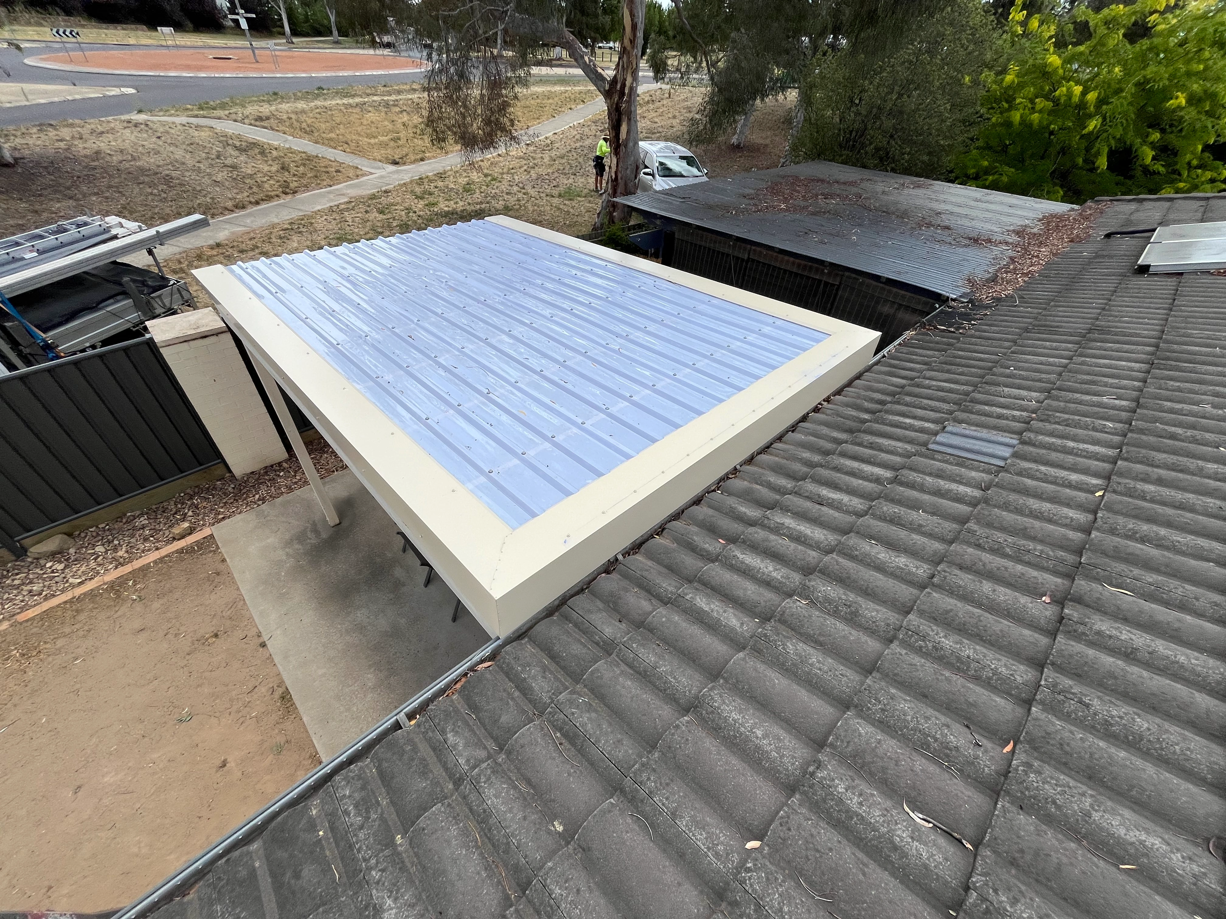 Polycarbonate Roofing project in Queanbeyan, NSW by ShelterSafe - Queanbeyan gets hit hard by hailstorms, and this patio was no exception. We replaced all the smashed... Polycarbonate patio roof Queanbeyan, NSW - transparent roofing installation