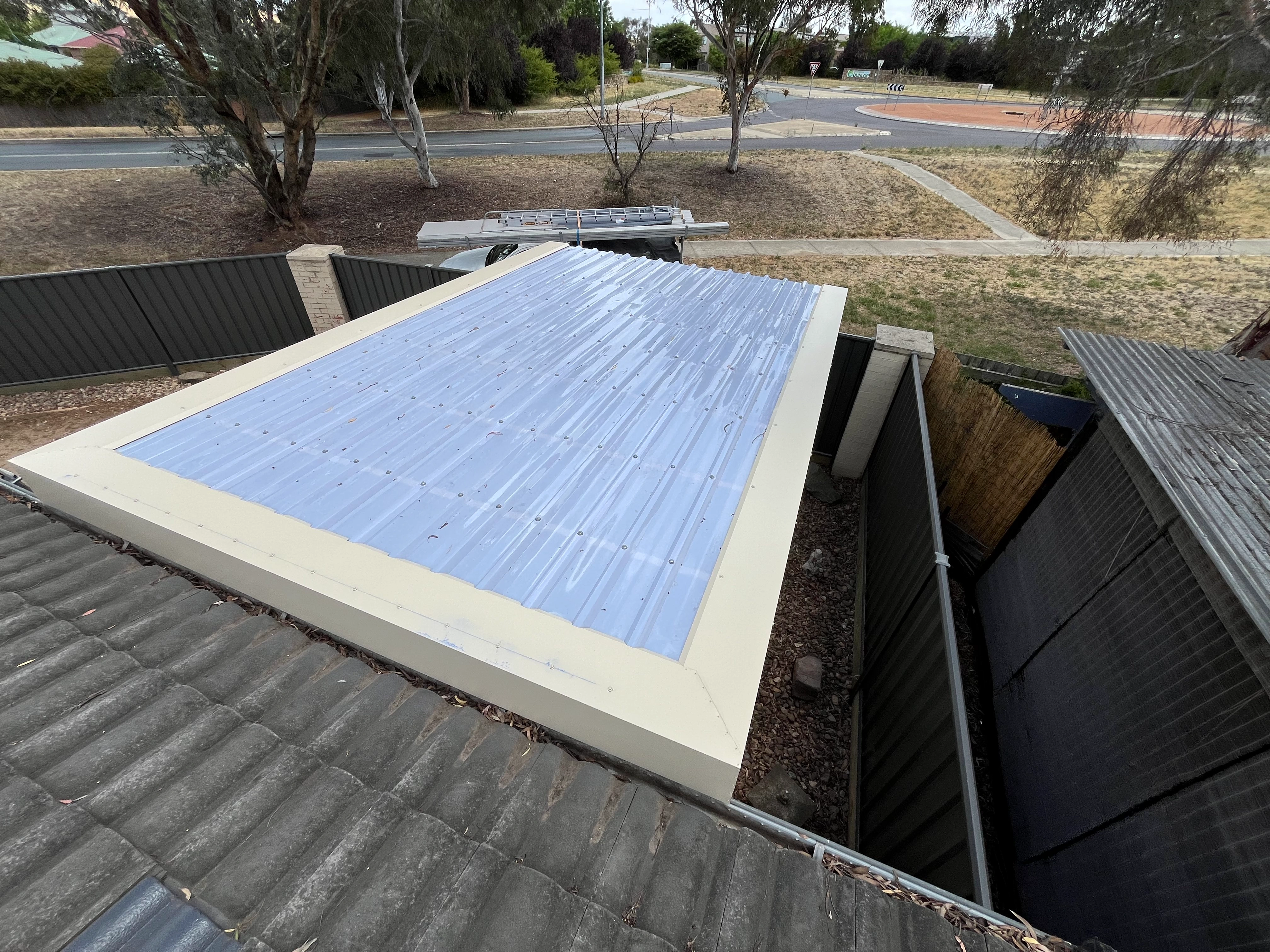 Polycarbonate Roofing project in Queanbeyan, NSW by ShelterSafe - Queanbeyan gets hit hard by hailstorms, and this patio was no exception. We replaced all the smashed... Twinwall polycarbonate roof Queanbeyan, NSW - hail damage repair